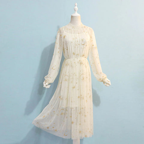 Elegant Moon and Stars Mesh Long Sleeve Dress  Tomscloth
