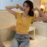 V-Neck With Button Ruffle Knitted Cropped Shirt