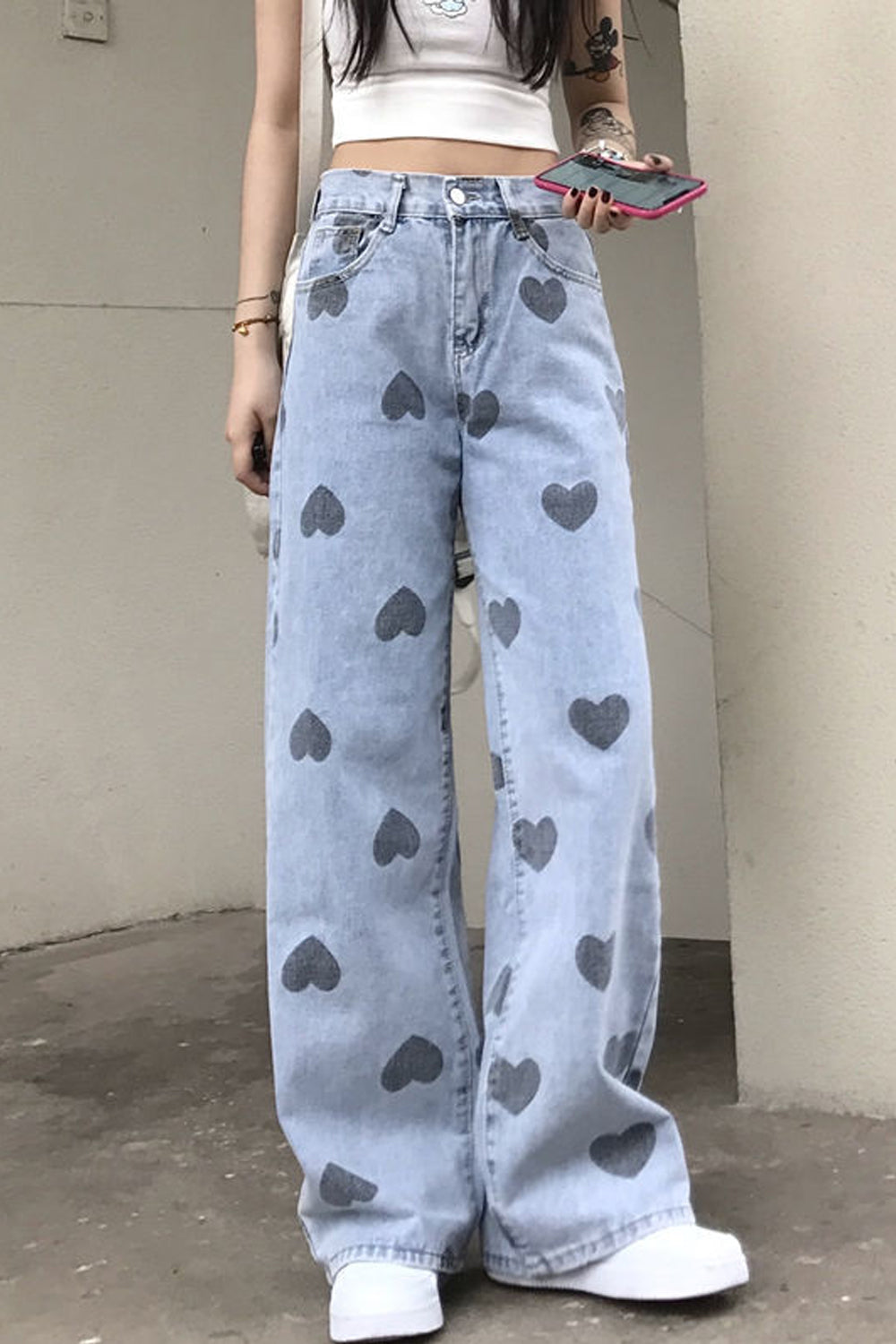 High Waist Heart Printed Long Jeans Pants
