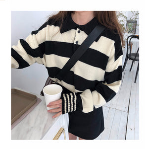 Color Stripe Casual Turn-Down Collar Knitted Sweater