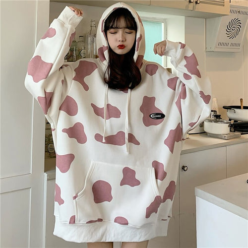 Loose Cow Pattern Hooded Jacket