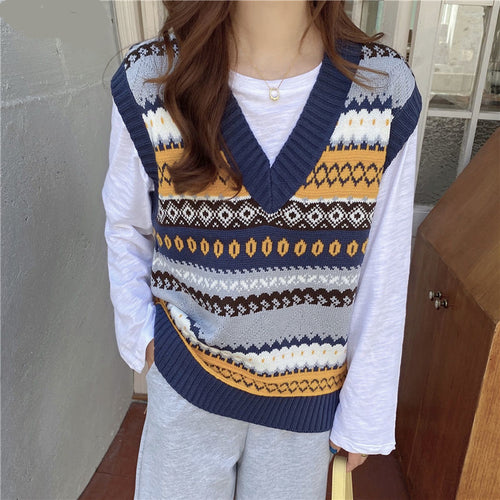 Retro V-Neck Geometric Pattern Vest Sweater