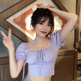 Puff Sleeve Bow Cropped Slim Shirt