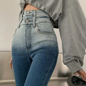 High Waist Gradient Color Skinny Thin Long Jeans