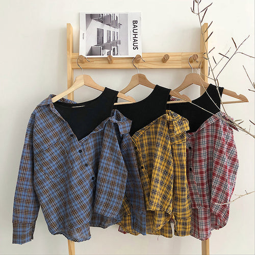 Stitching Fake Two Piece Plaid Shirt