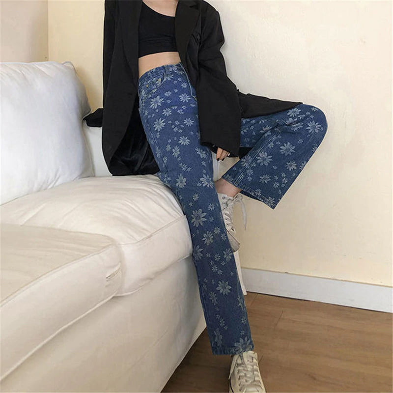 Sunflower Printed Wide Leg Denim Jeans Pants – Tomscloth
