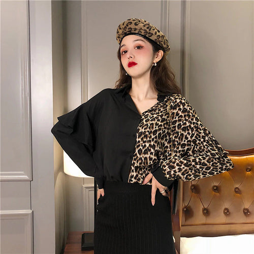 Half Leopard Combination V-Neck Blouse Shirt