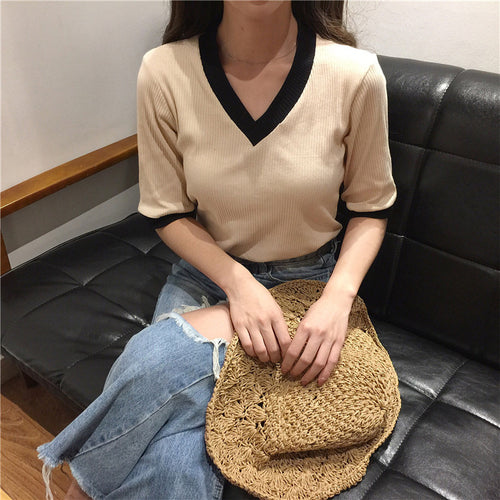 V-Neck Casual Blouse Knitted Tops