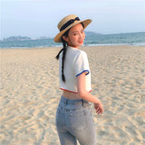 Colorful Buttons O Neck Short Sleeve Crop Top