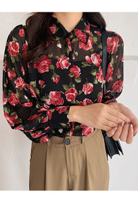 Flower Pattern Chiffon Blouse Shirt