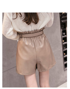 Wide Leg Belted Leather Shorts