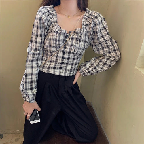 Long Sleeve Square Collar Plaid Ruffled Cropped Blouse