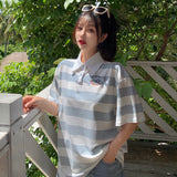 Cute Cartoon Striped Turn Down Collar Shirt