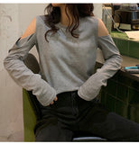 Long Sleeve Hole Shoulder O-Neck Shirt