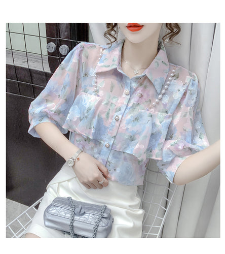 Pearl Beading Ruffles Chiffon Blouse Shirt