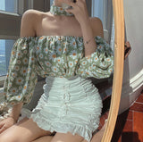 Loose Off Shoulder Daisy Printed Blouse Shirt