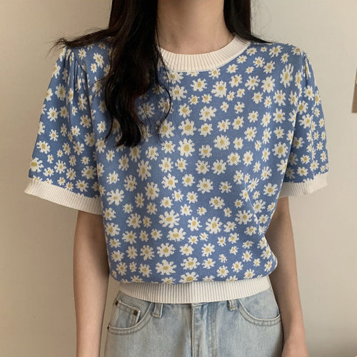 Puff Sleeve Daisy Pattern O-Neck Knitted Shirt