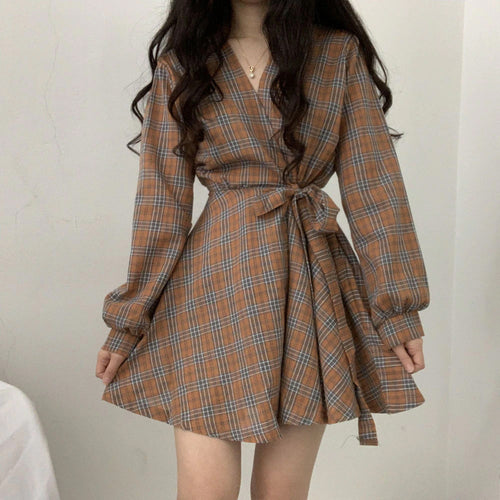 Long Sleeve Cute Bow Plaid Midi Elegant Dress