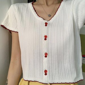 V Neck Slim Button Up Casual Knitted Cropped Shirt