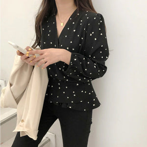 Heart Printed Slim Waist V-Neck Blouse