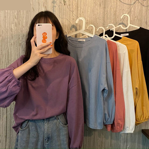 Long Lantern Sleeve Candy Colors O-Neck Shirt