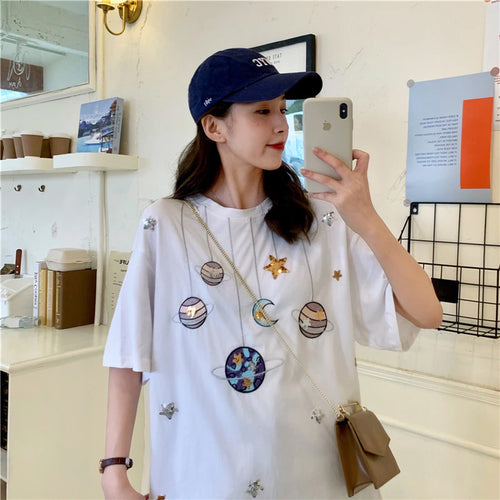 Cartoon Planet Embroidered Loose Shirt