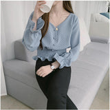 V-Neck Flare Sleeve Polka Dot Blouse Shirt