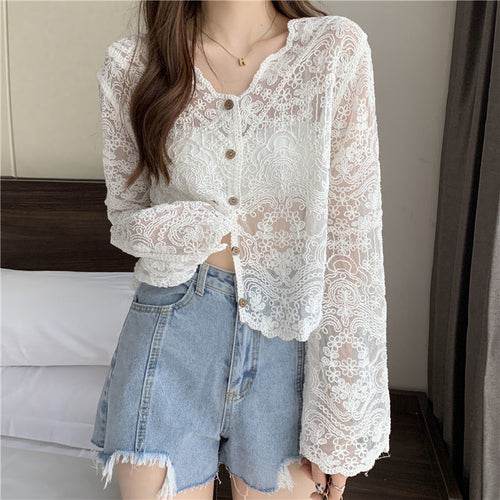 Long Sleeve Lace Transparent Sexy Shirt