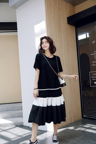 Loose Irregular Pleated O-Neck Solid Dress