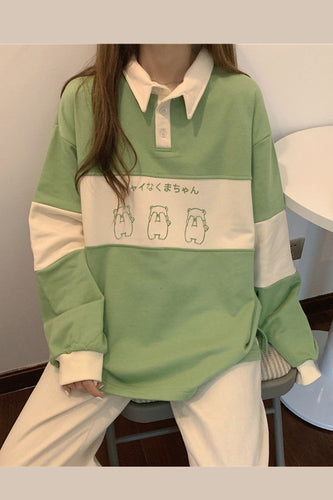 Cute Bears Printed Loose Long Sleeve Polo Collar Shirt