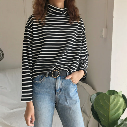 Retro Turtleneck Striped Long Sleeve Shirt