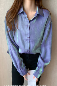 Long Sleeve Glossy Color Satin Blouse Shirt