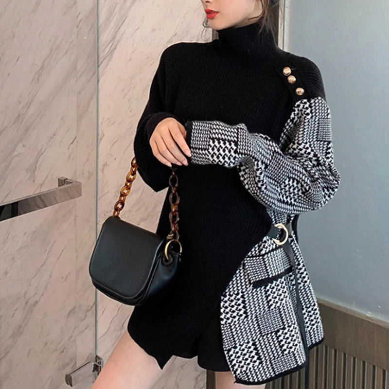Retro Turtleneck Plaid Combination Knitted Sweater