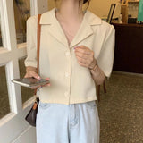 Notched Style Collar Cropped Blouse Shirt