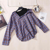 Plaid Blouse Asymmetrical Off Shoulder Shirt