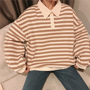 Long Sleeve Polo Collar Striped Shirt