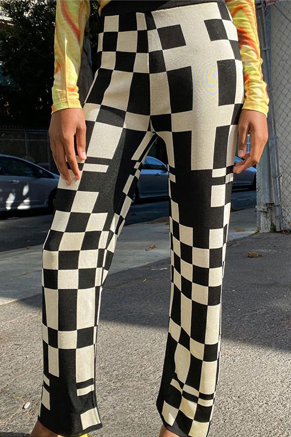 Black White Plaid Casual Long Pants