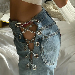 Chains Lace Up Retro Jeans Pants