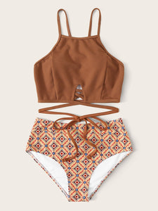 High Waist Solid Lace Up Brown Bikini Set