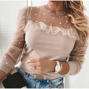Pearl Beading Sexy Lace Transparent Shirt