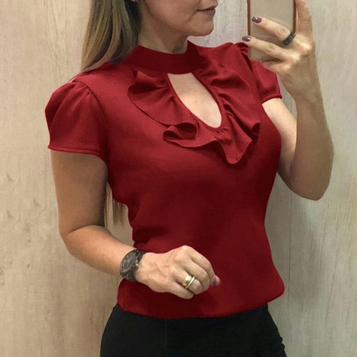 Ruffle O Neck Hollow Out Casual Shirt