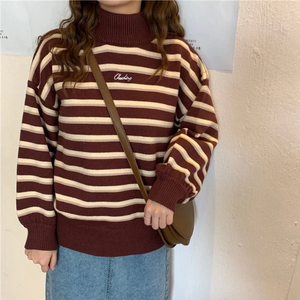 High Collar Striped Knitted Loose Sweater