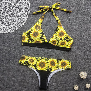 Sexy Deep V Sun Flower Pattern Bikini Set