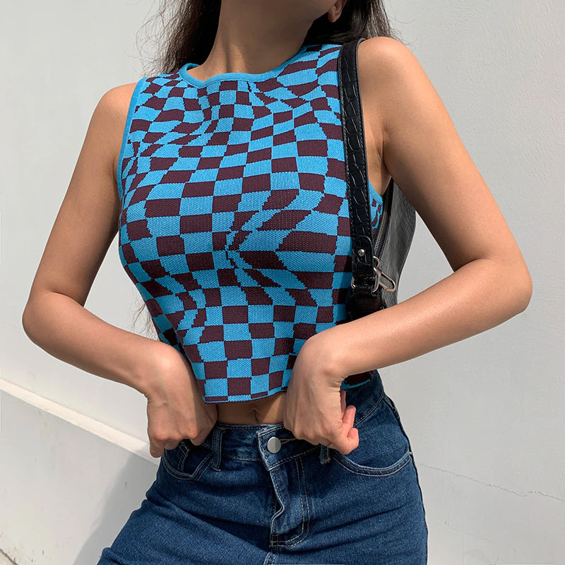 Sleeveless Plaid Knitted Crop Tops
