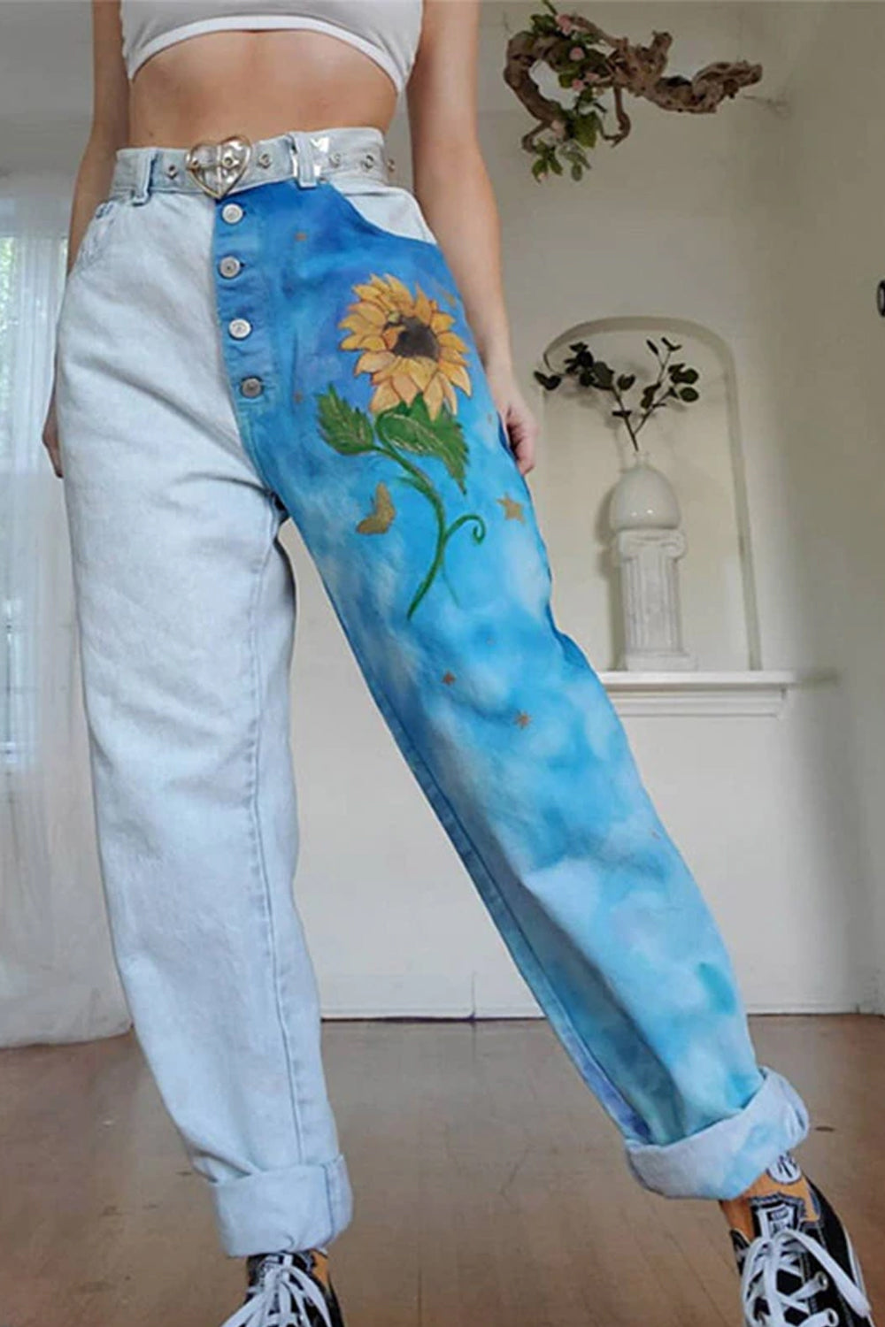 Sun Flower Pattern Casual Jeans Pants